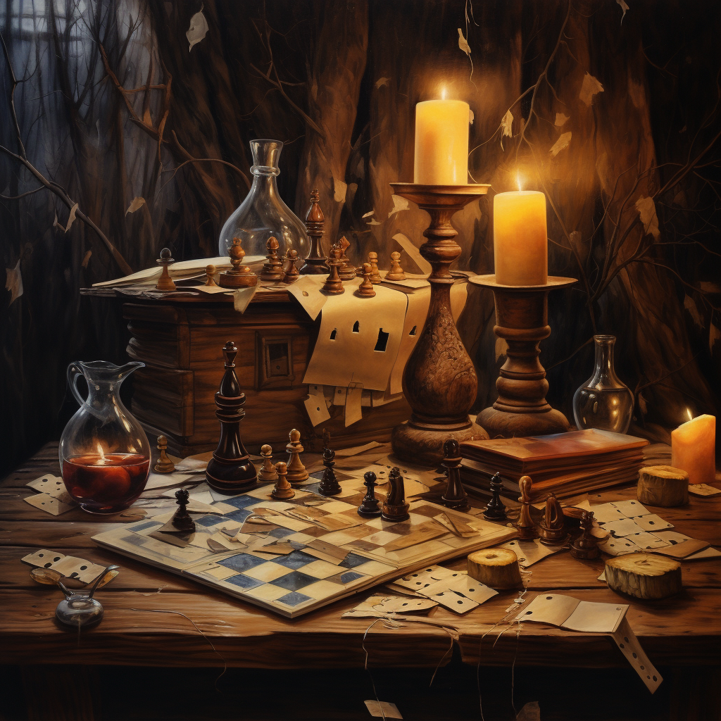 Broken puzzle on wooden table with chess pieces, cards, and candlelight