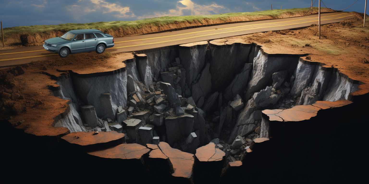 Car driving on broken road with sinkhole