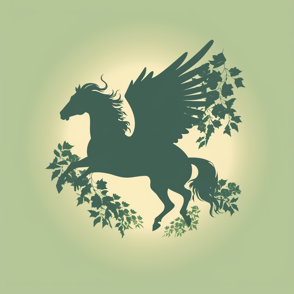 Silhouette of Broken-up Pegasus Surrounded by Green Leaves and Vines