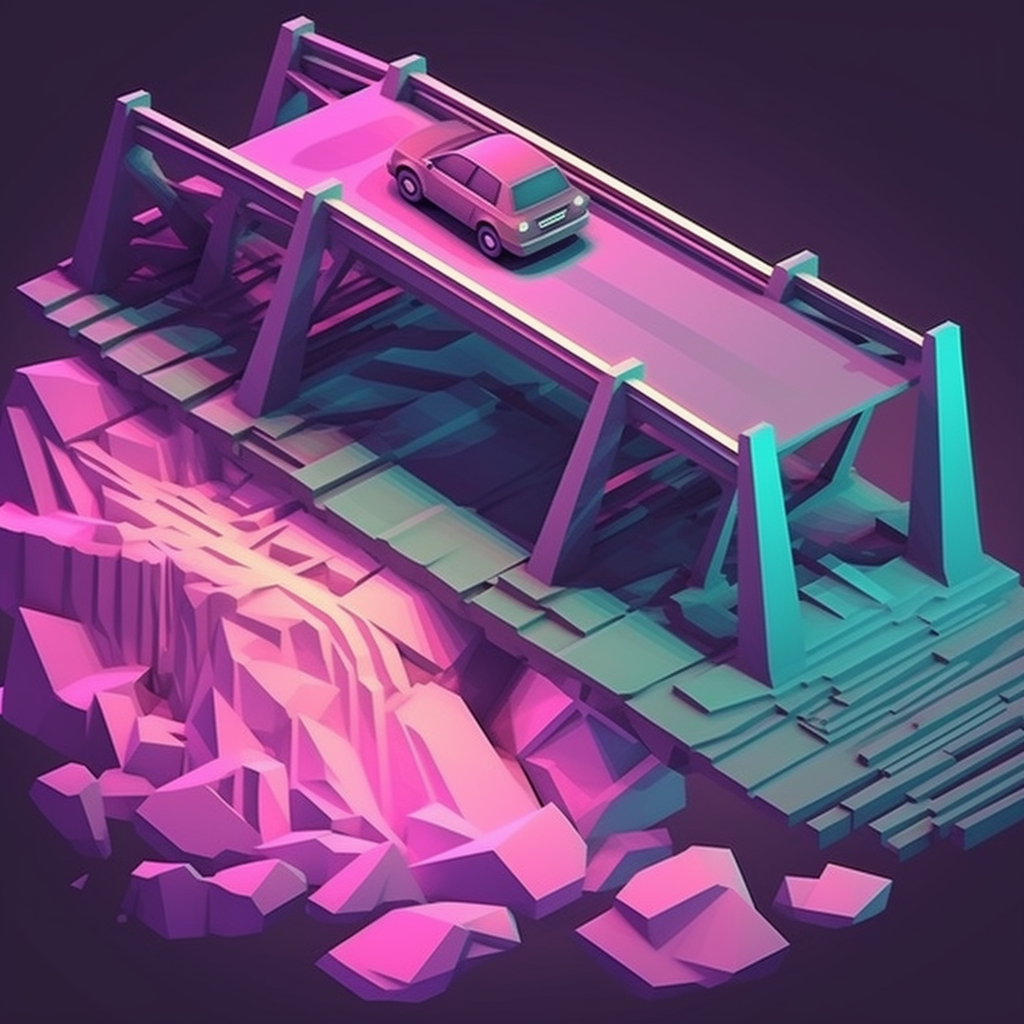 A captivating view of a broken bridge in synthwave style