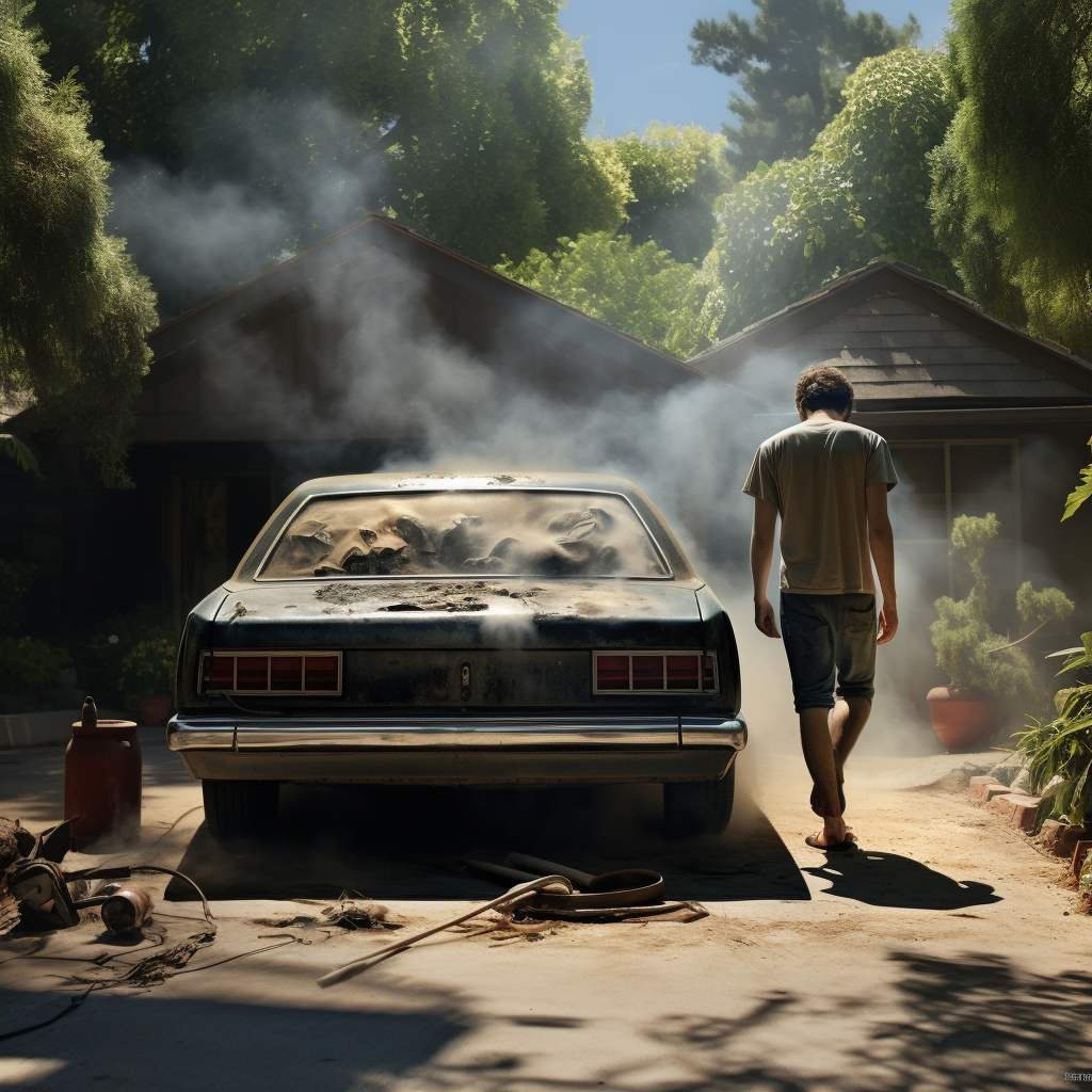 Man looking at smoking broken car