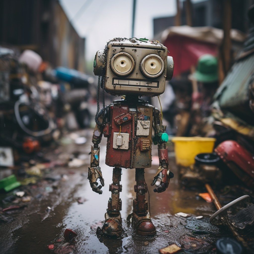 Broken Robot in Junkyard Rainy Day