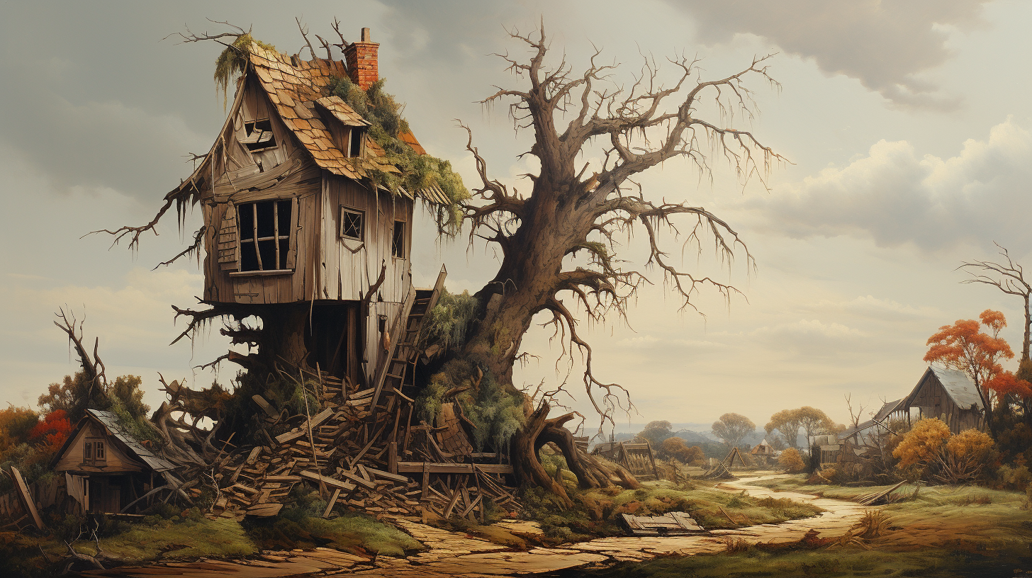 Scenic Broken Tree and Small House