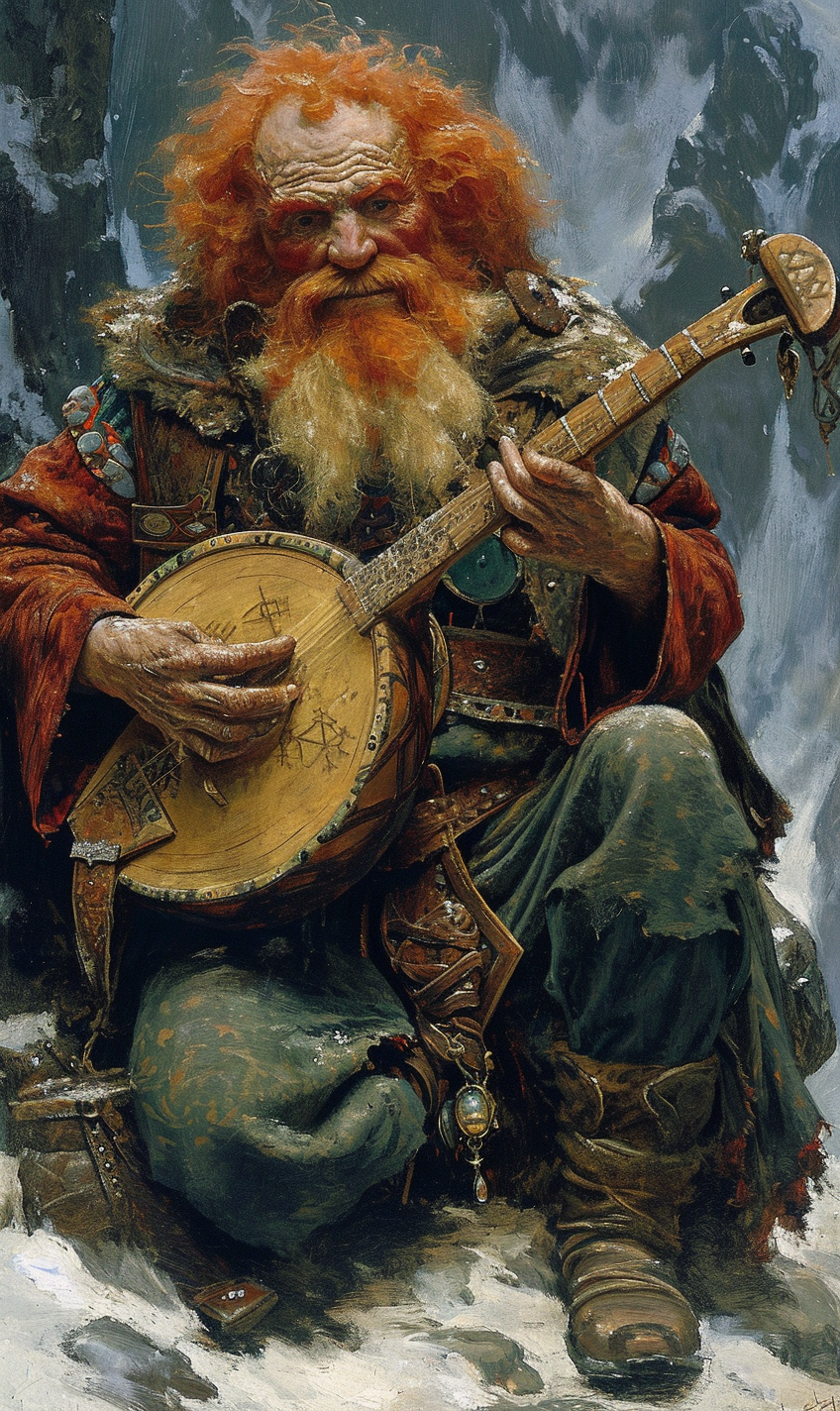 Fantasy lithograph featuring a red-haired dwarf bard playing a magical instrument in a surreal setting