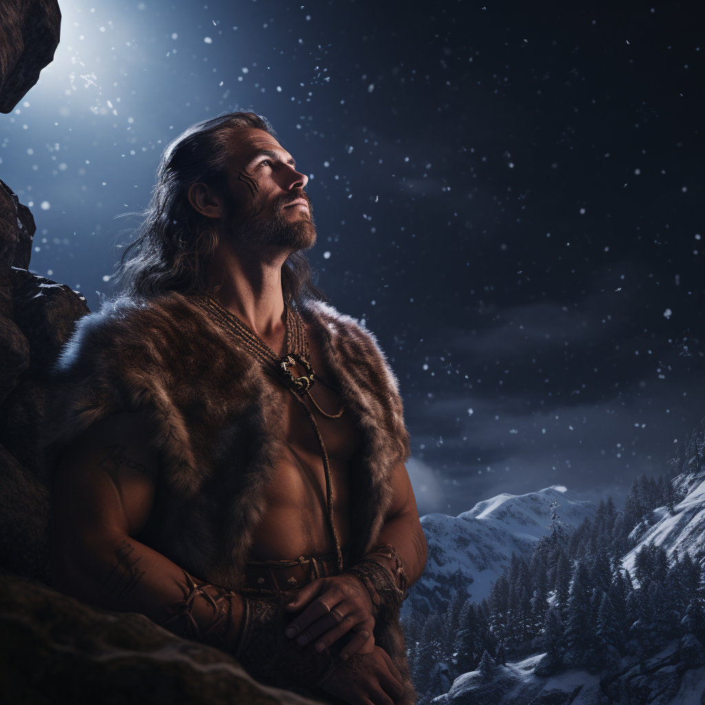 Bronze Age Scandinavian Man Night North Star Snowy Mountain