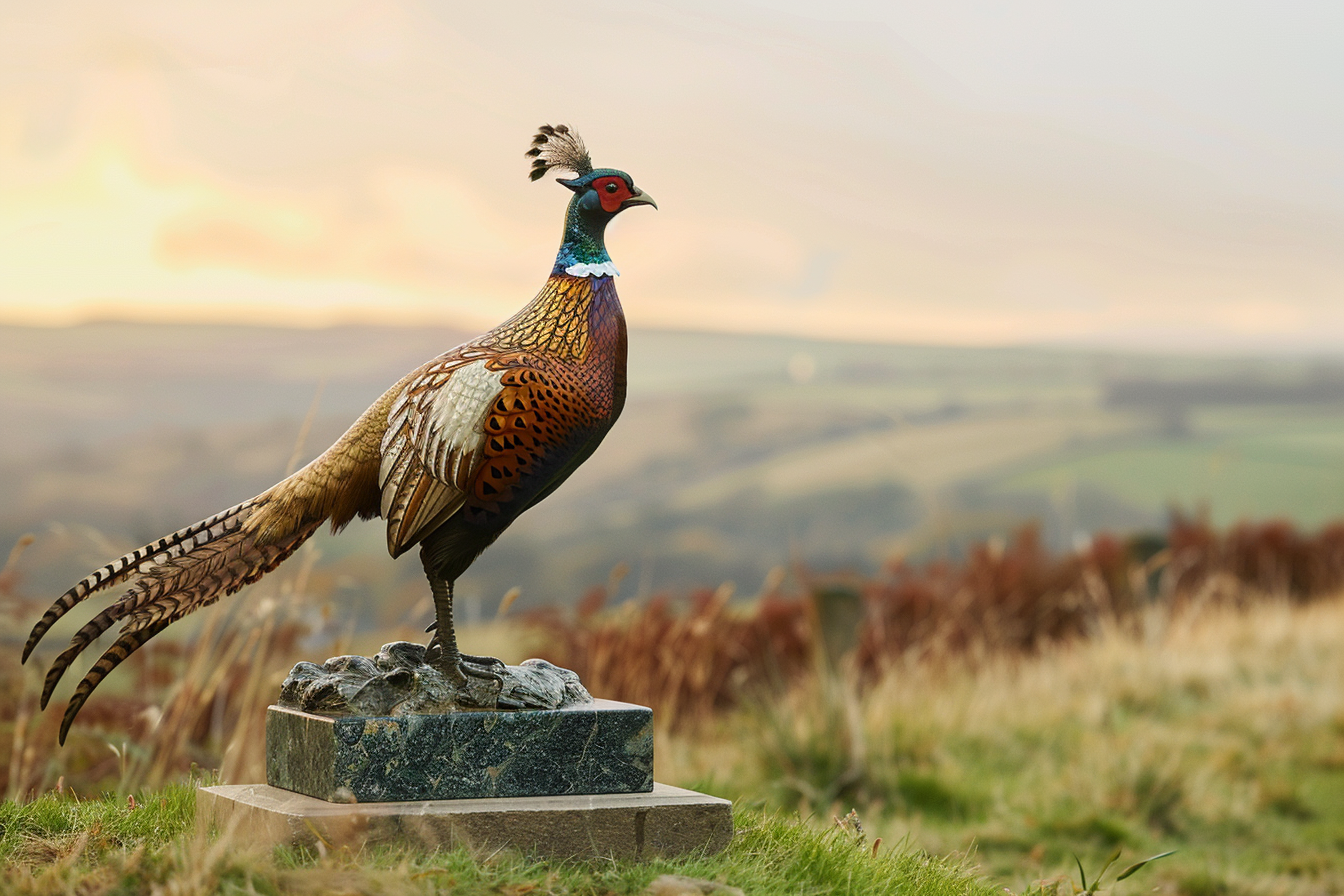 Tall bronze pheasant statue grassy