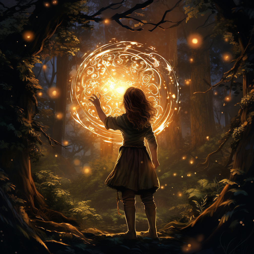 Young protagonist holding shimmering bronze ring in moonlit forest