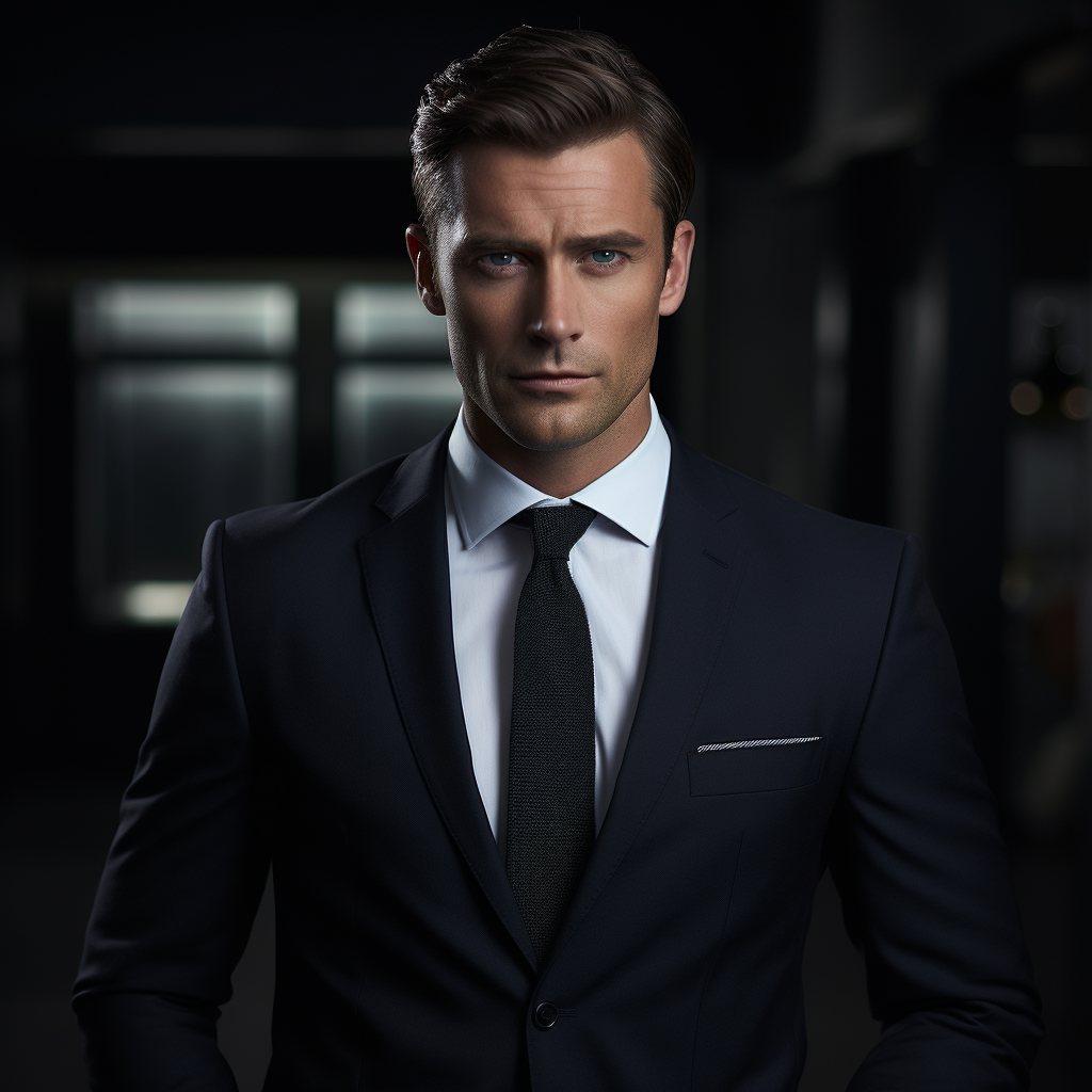 Handsome businessman in dark suit standing in office