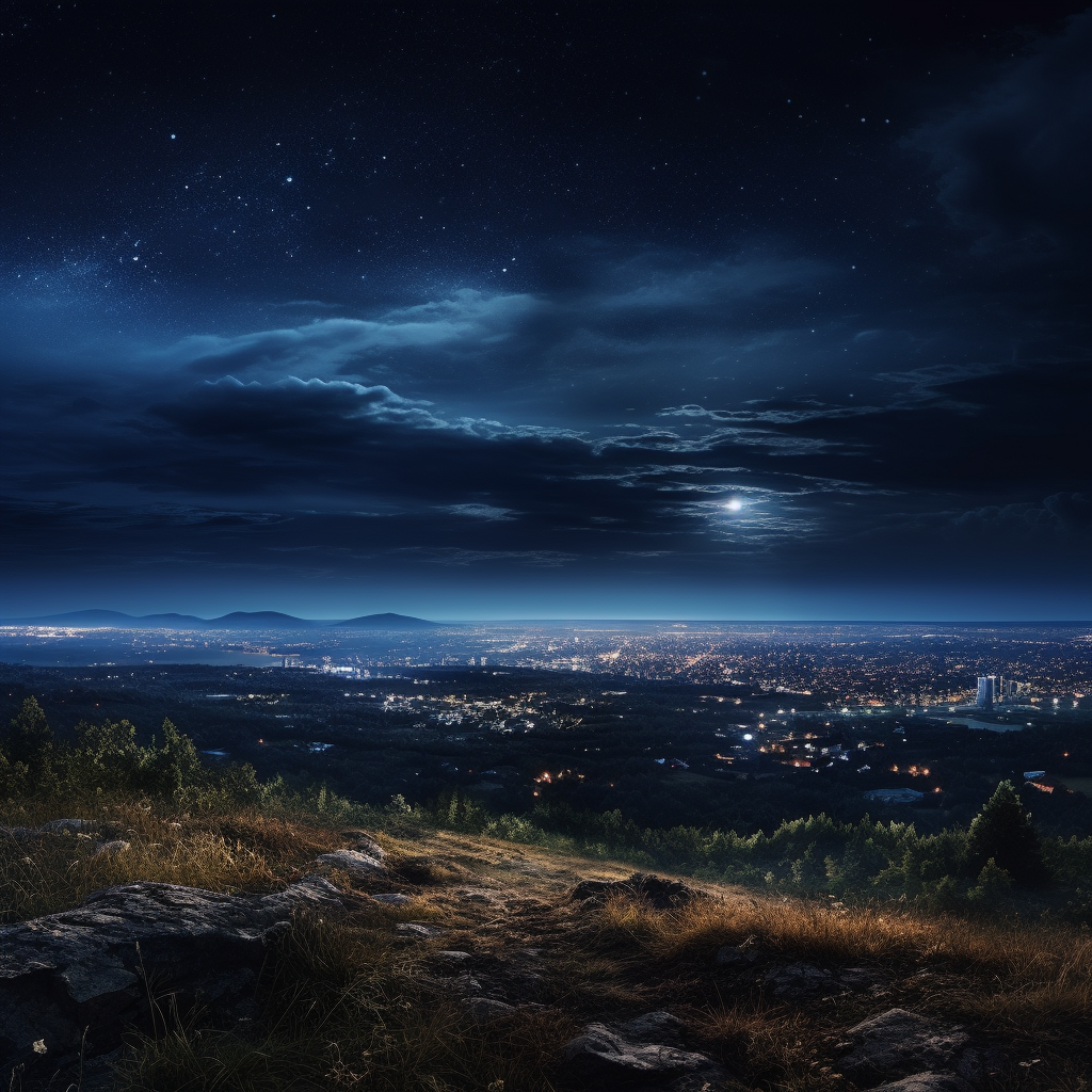 Panoramic view of brooding North American nature reserve at night