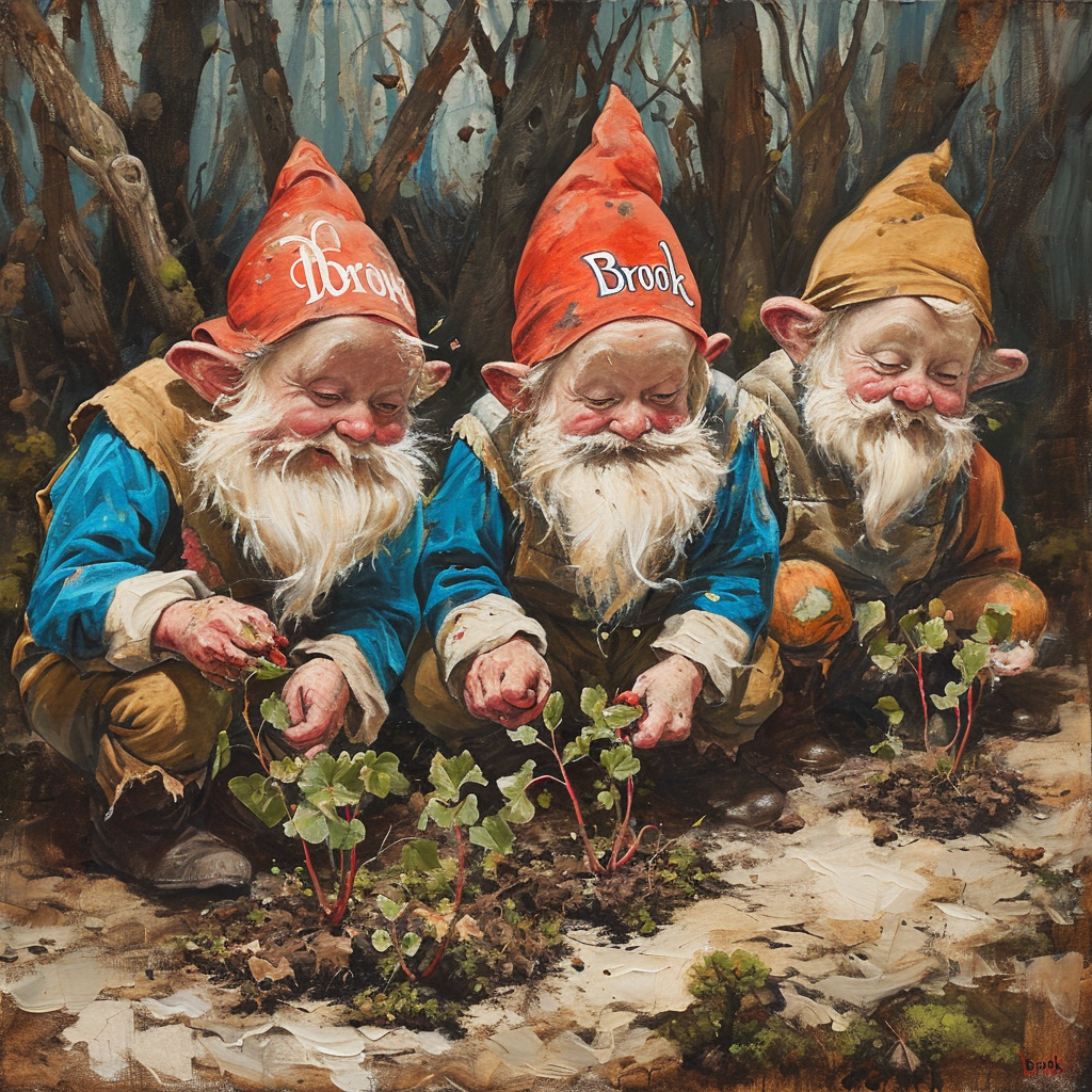 Three dwarfs planting plants in a dead forest