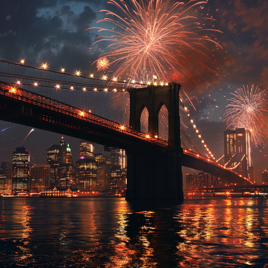 Spectacular New Years Firework Display on Brooklyn Bridge