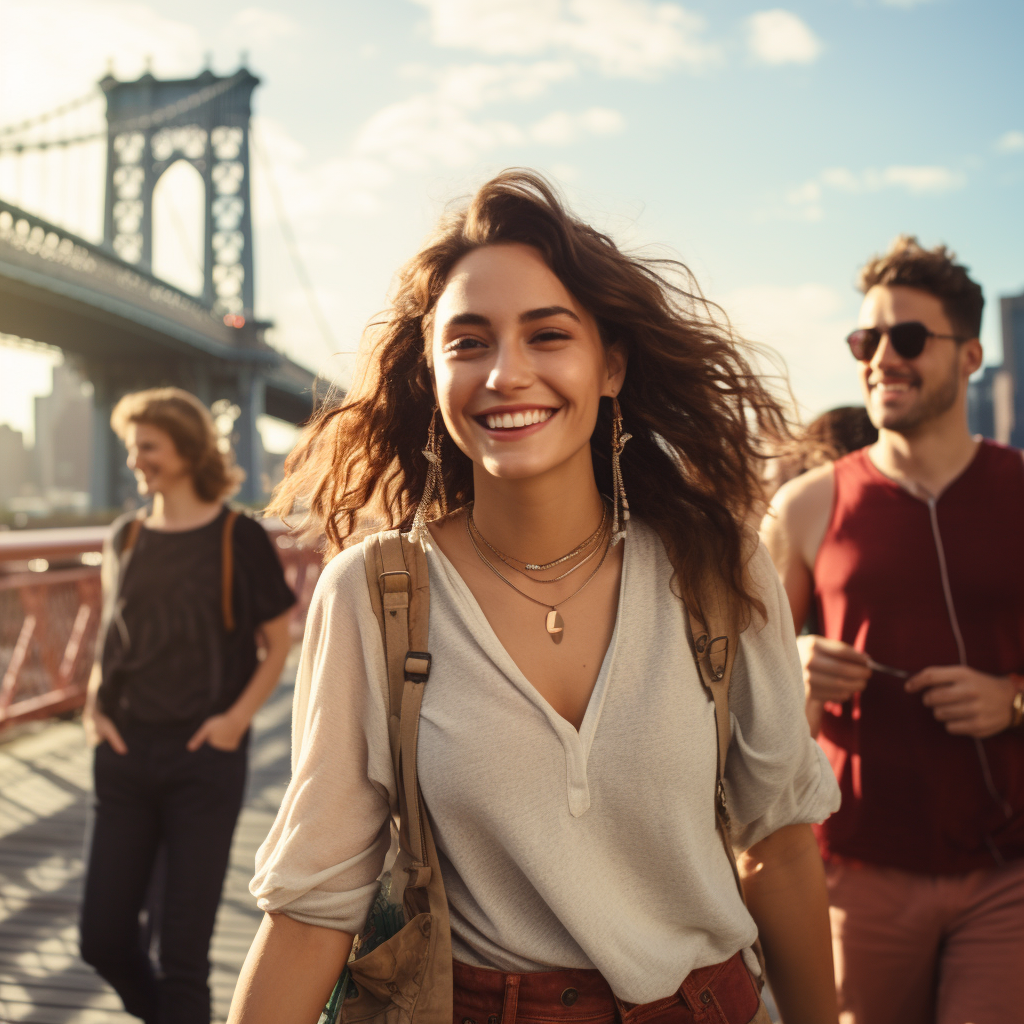 Happy People Walking on Brooklyn Bridge