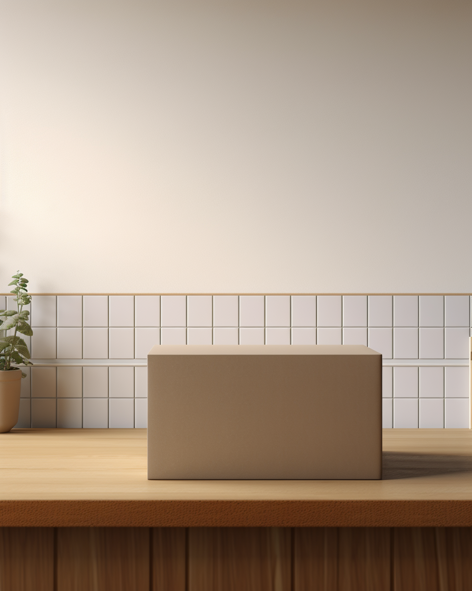 Realistic brown cardboard box on kitchen counter