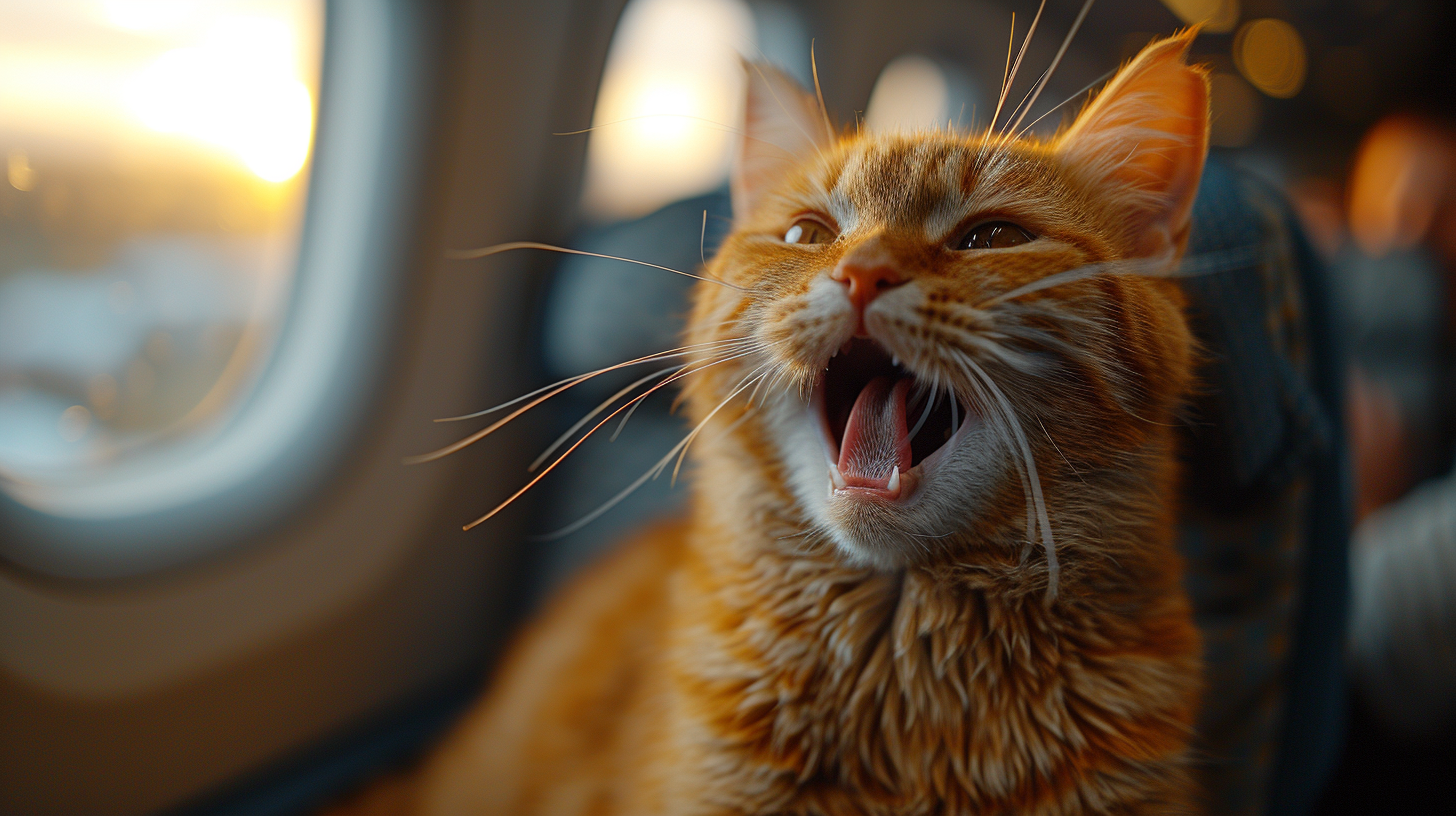 Brown cat panicking on plane seat