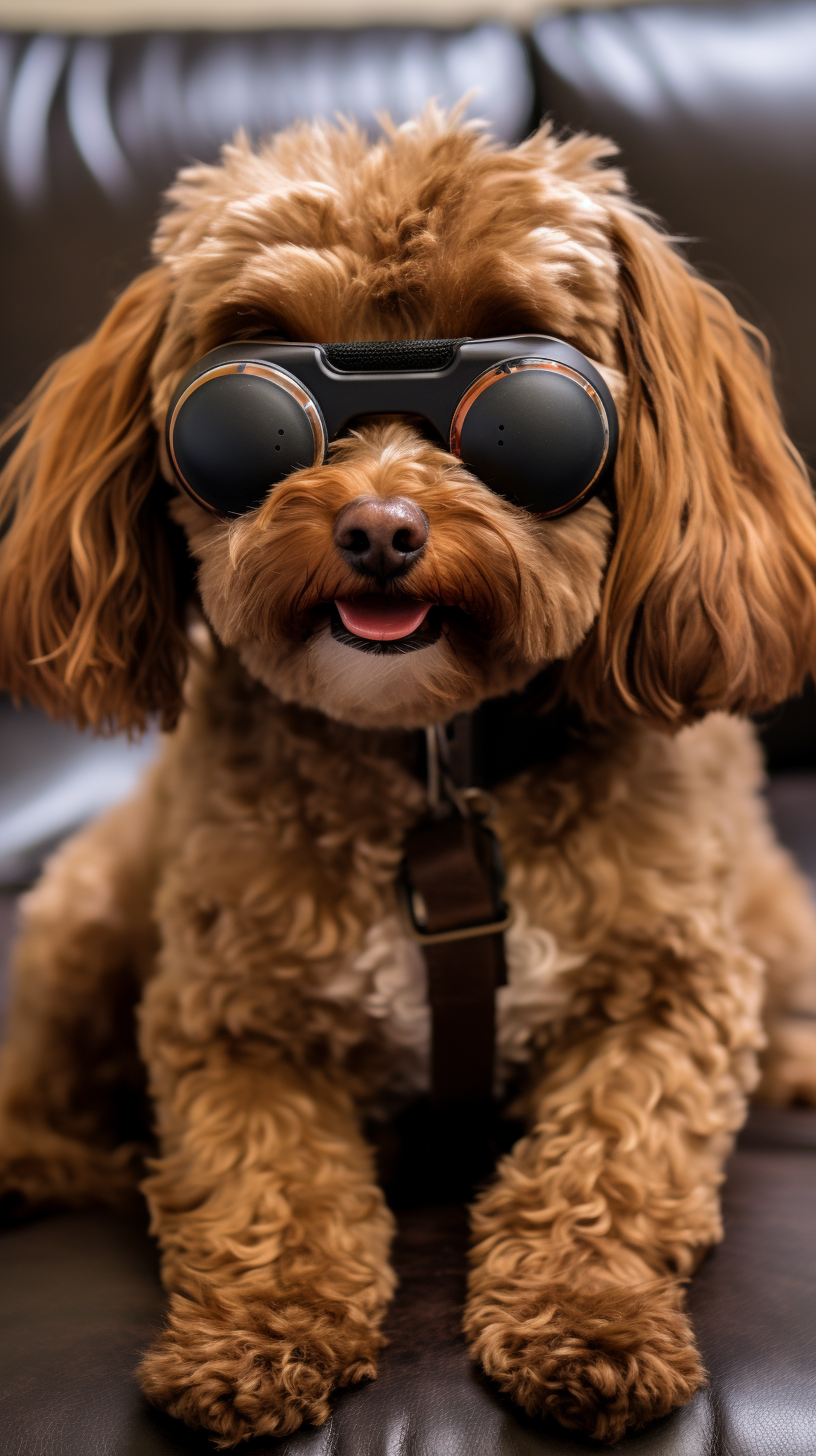 Adorable brown cavapoo immersing in VR gaming