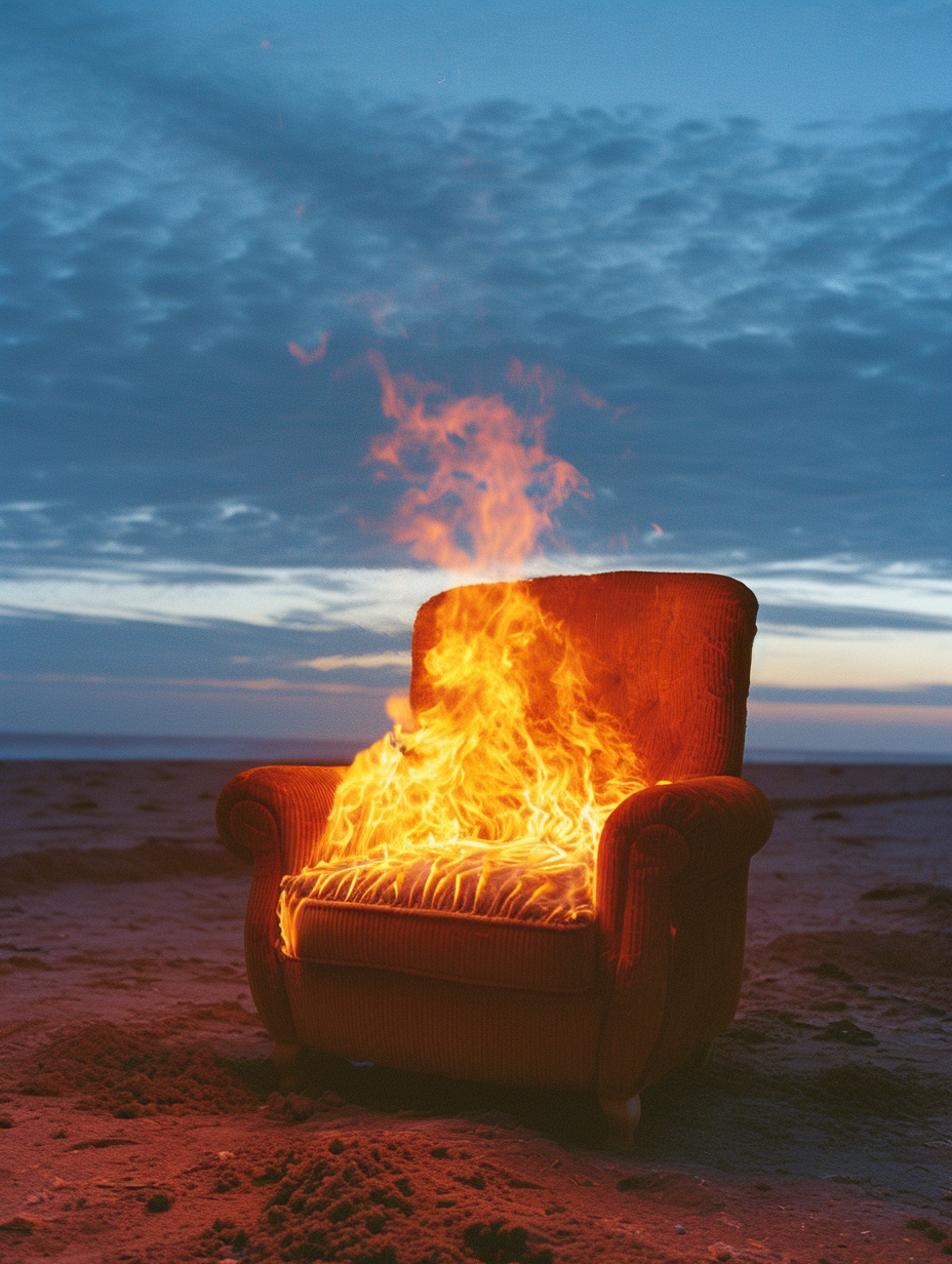 Brown corduroy chair falling from the sky