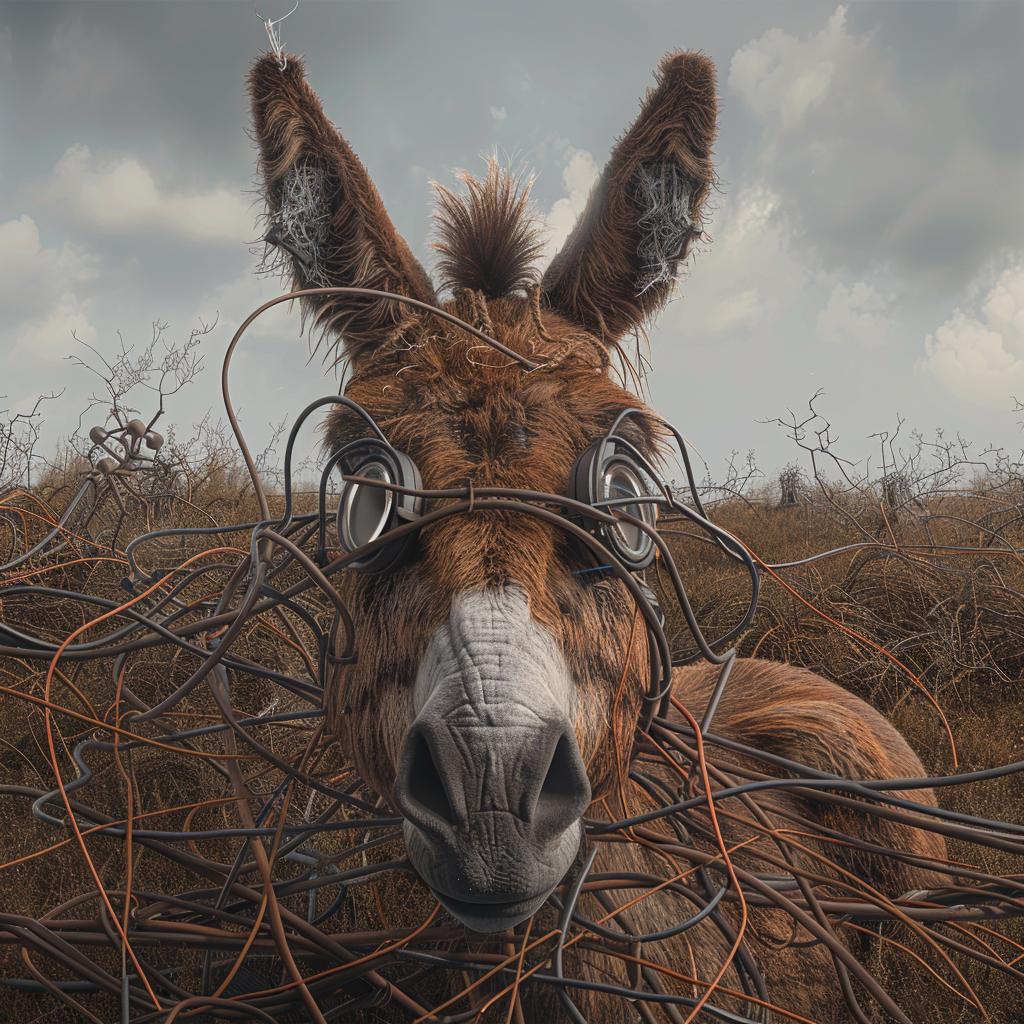 brown donkey with wired mice