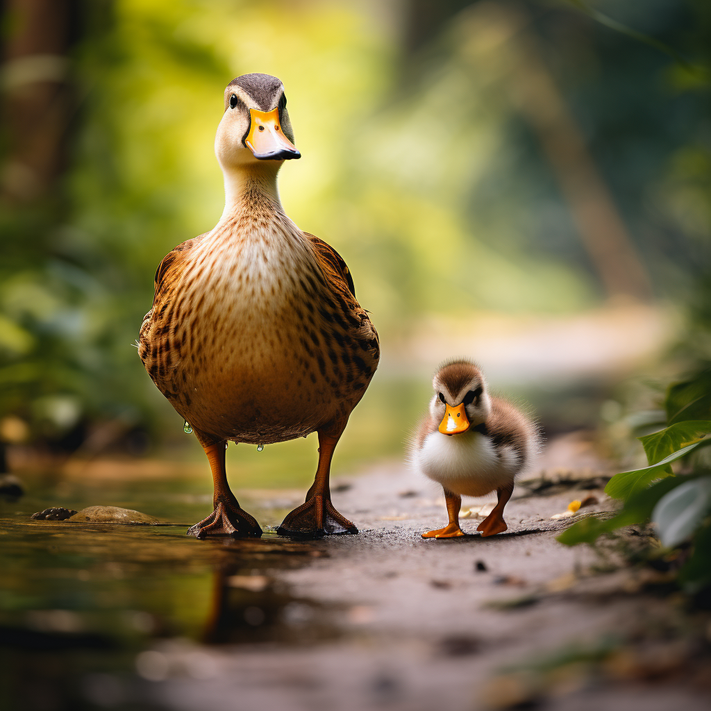 Cute brown duckling walking behind