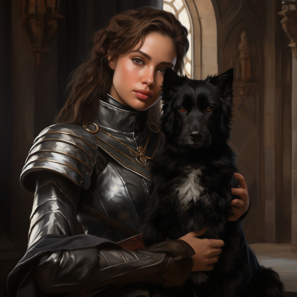 Brown Haired Female Princess with Black Puppy in Castle