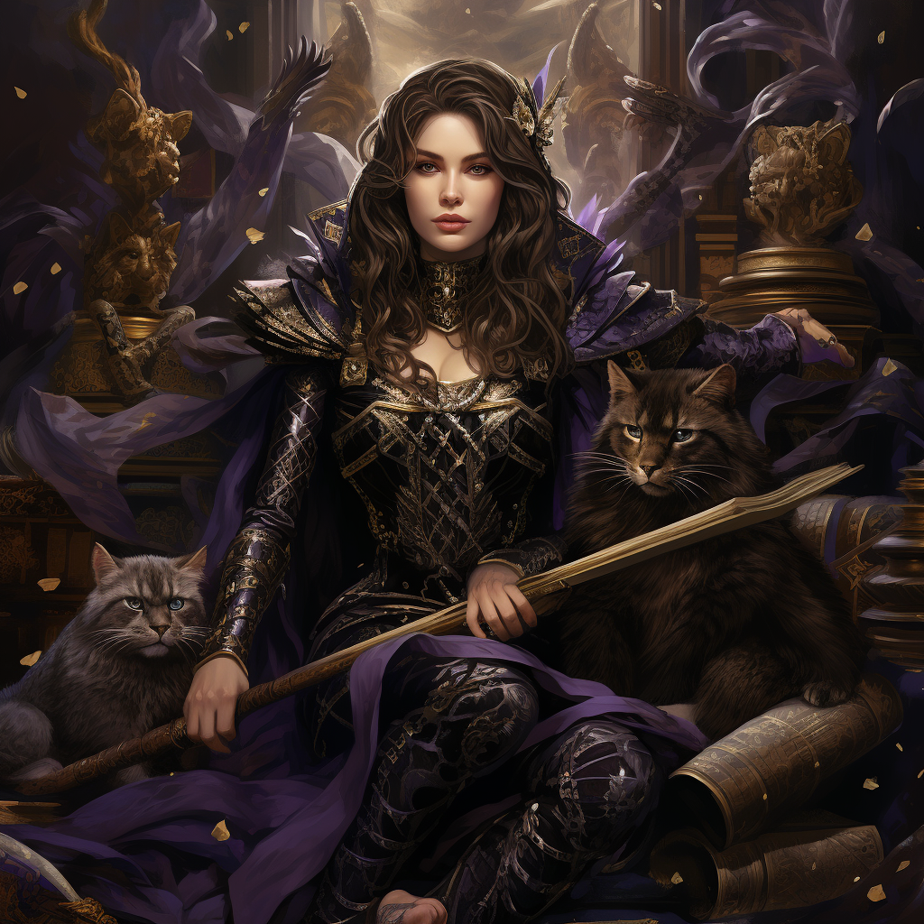 Queen in armor with sword and cat spirit animal