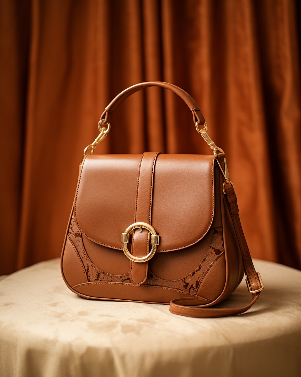 Brown Leather Handbag with Gold Buckle