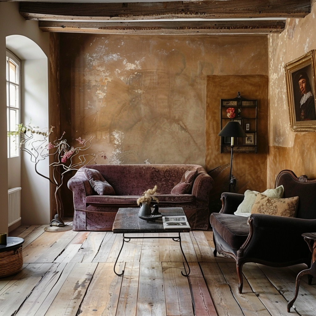 Brown room with limewash walls