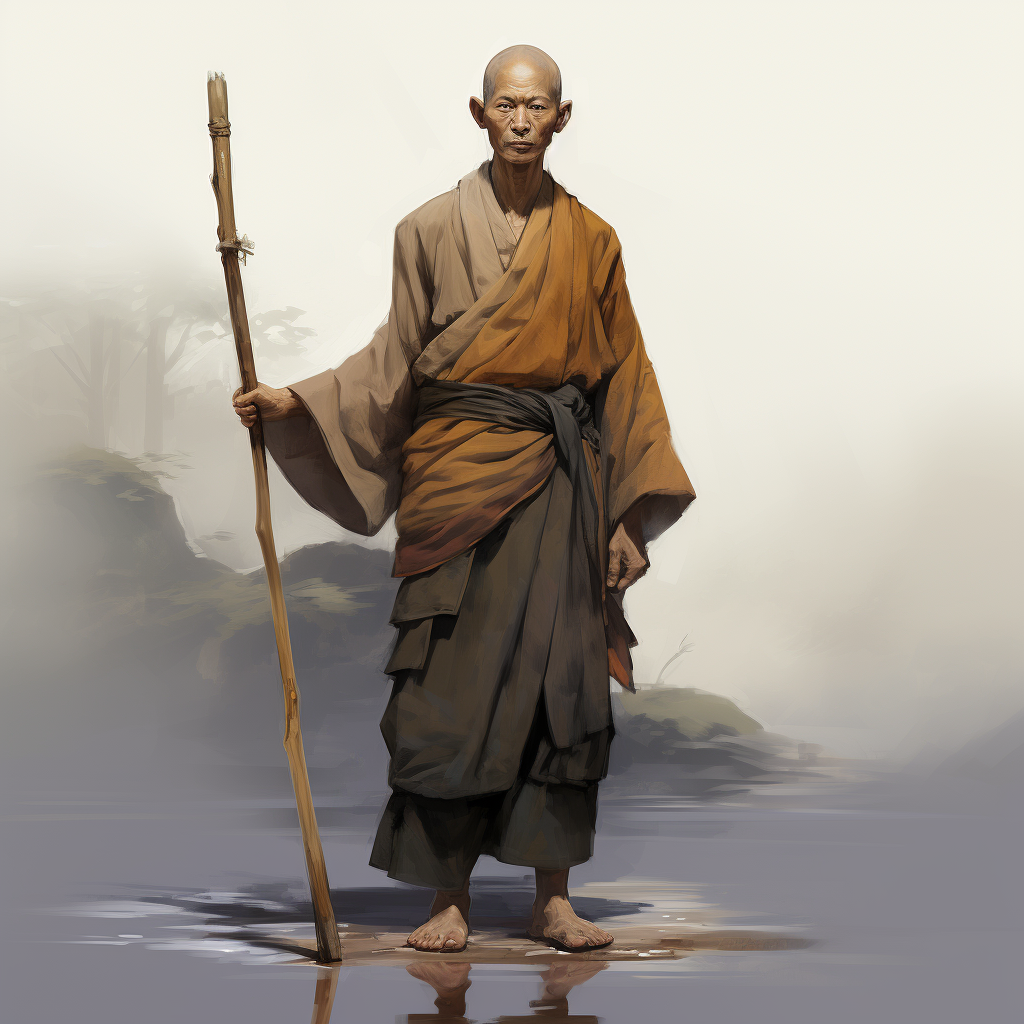 Peaceful monk with bamboo staff