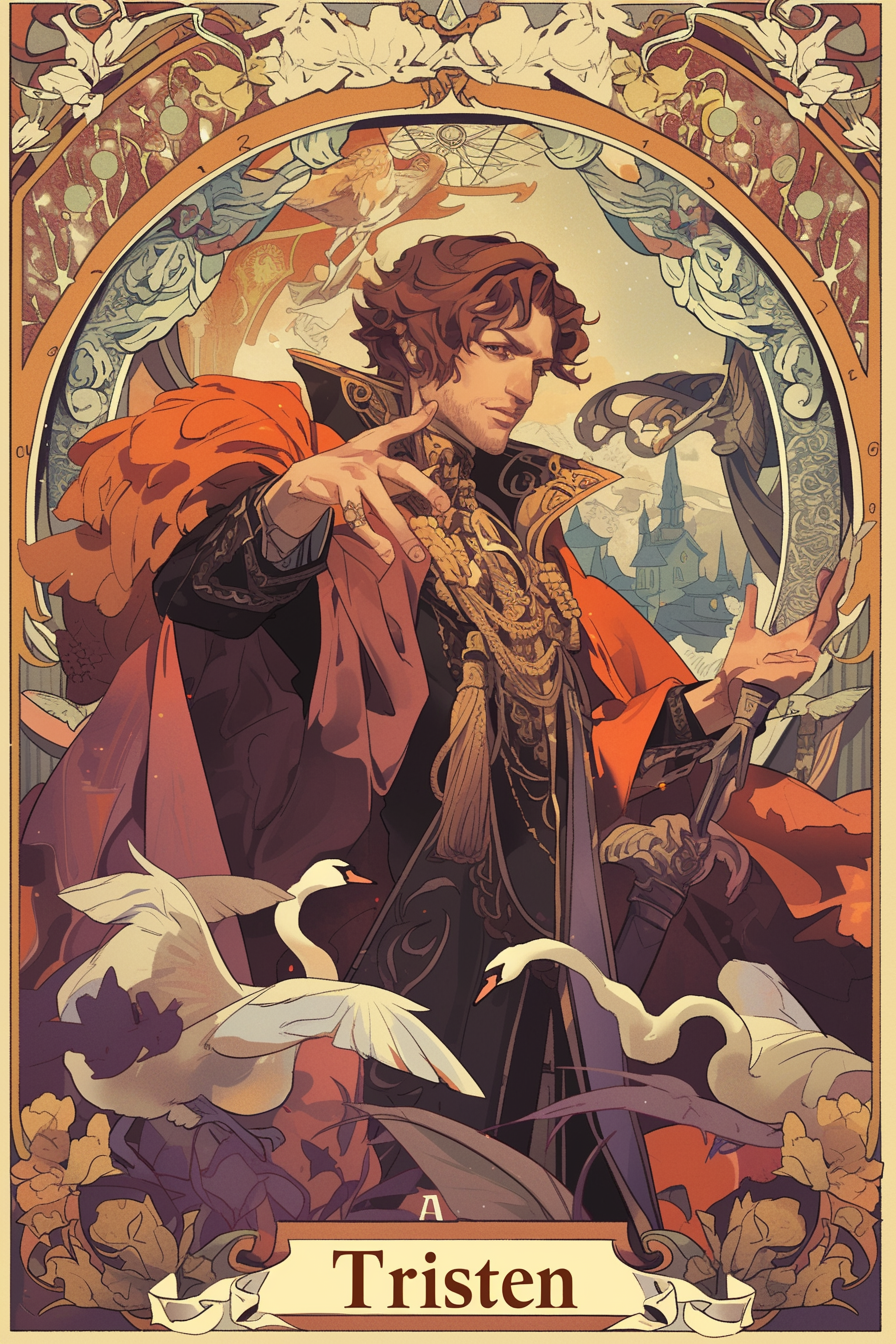 Brown noble male Timothe Chalamete in Alphonse Mucha style