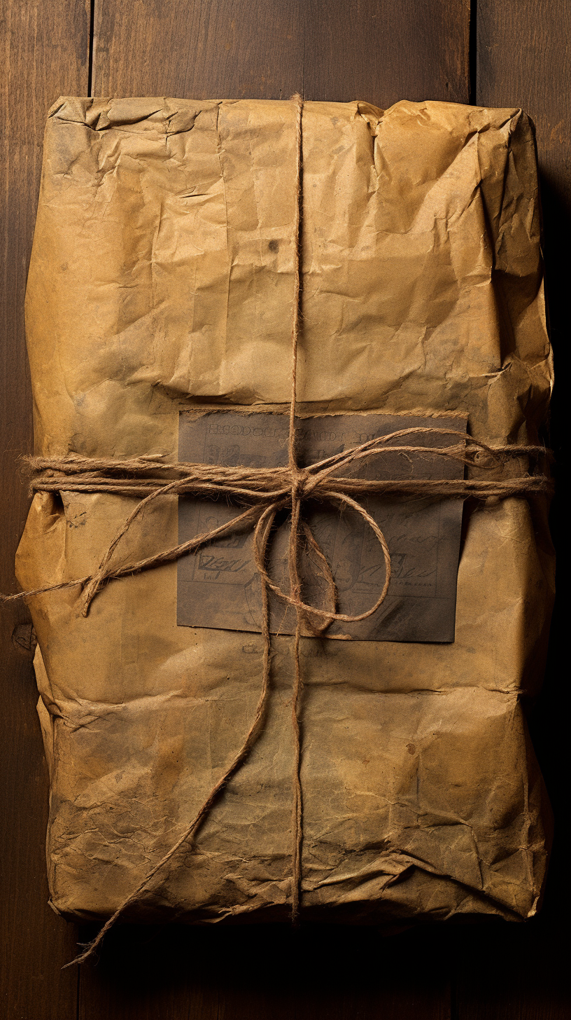 Old and Worn Brown Paper Package Tied with Twine