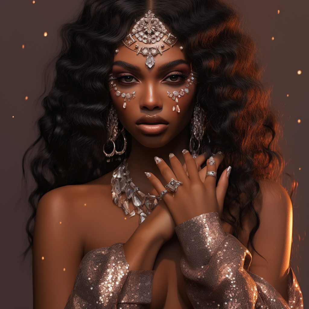 Stylish brown skin woman with glamorous glitter and diamonds