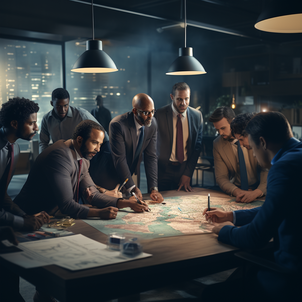 Brown-skinned businessmen brainstorming strategy in office