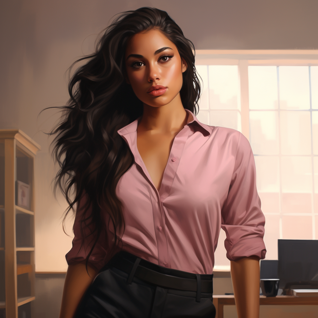 Brown-skinned girl standing confidently in office attire