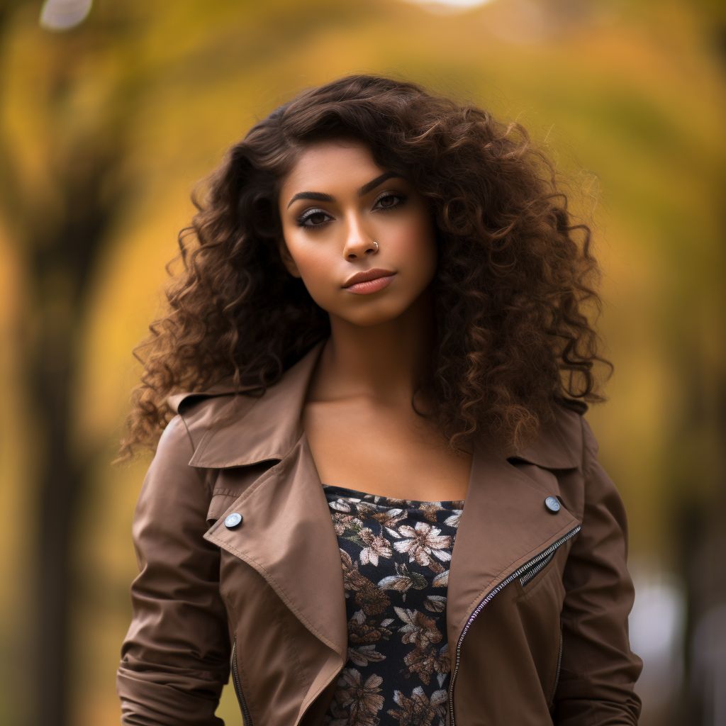 Young Woman with Curly Hair Smiling in Park