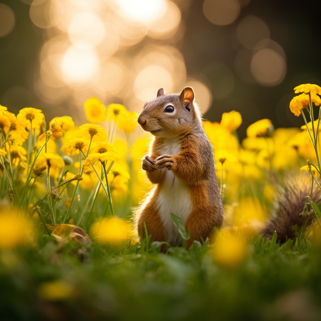 Brown squirrel smelling yellow flower in grass