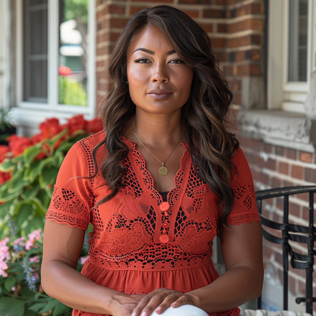 Brown woman sitting in front porch