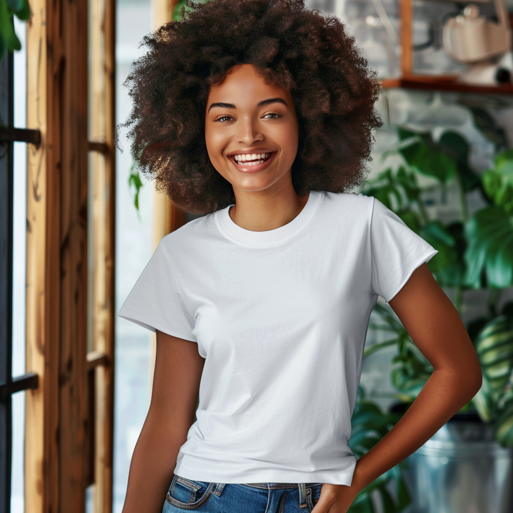 Dark skin woman with white tshirt and Afro