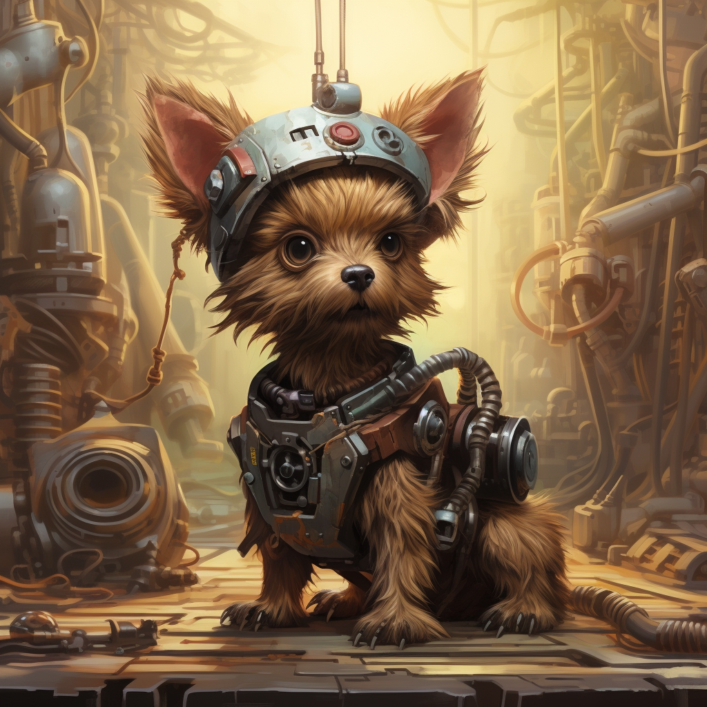 Brown Yorkie Robot in Cyberpunk World