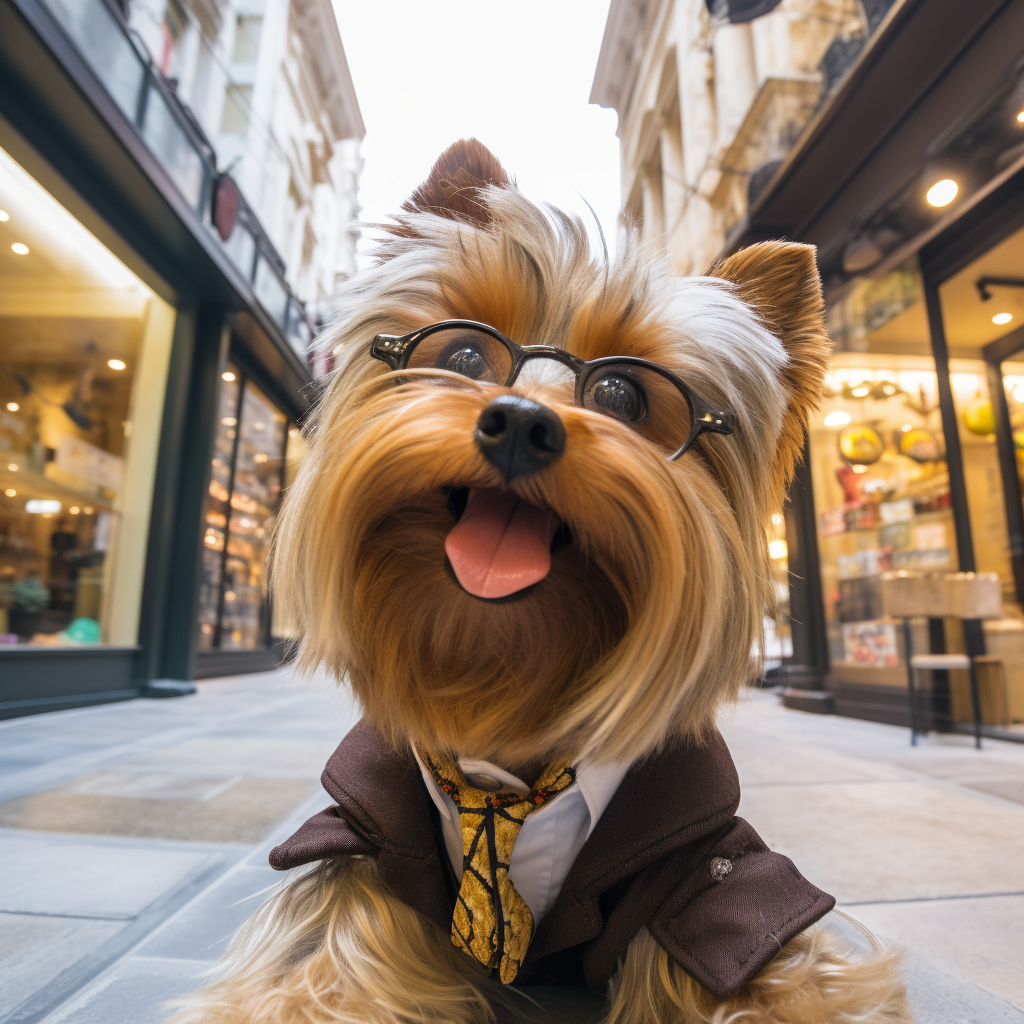 Adorable brown yorkie taking selfie