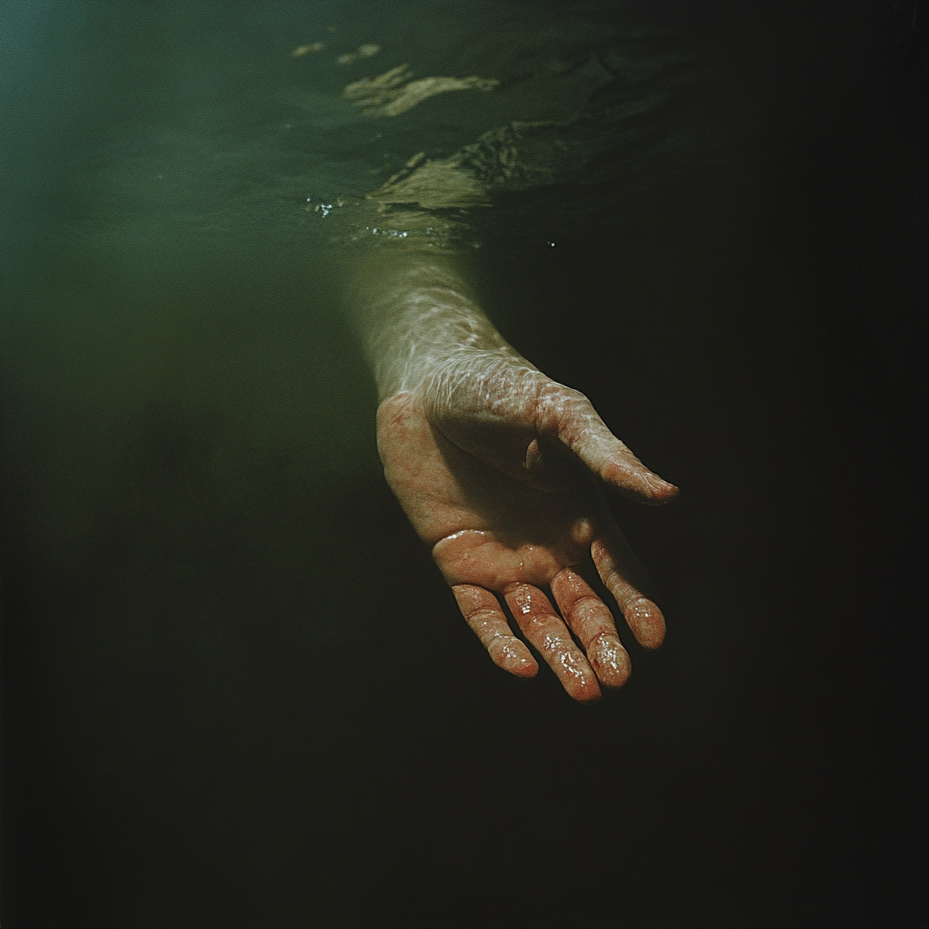 bruised hands reaching down into darkness, soft lighting, melancholy