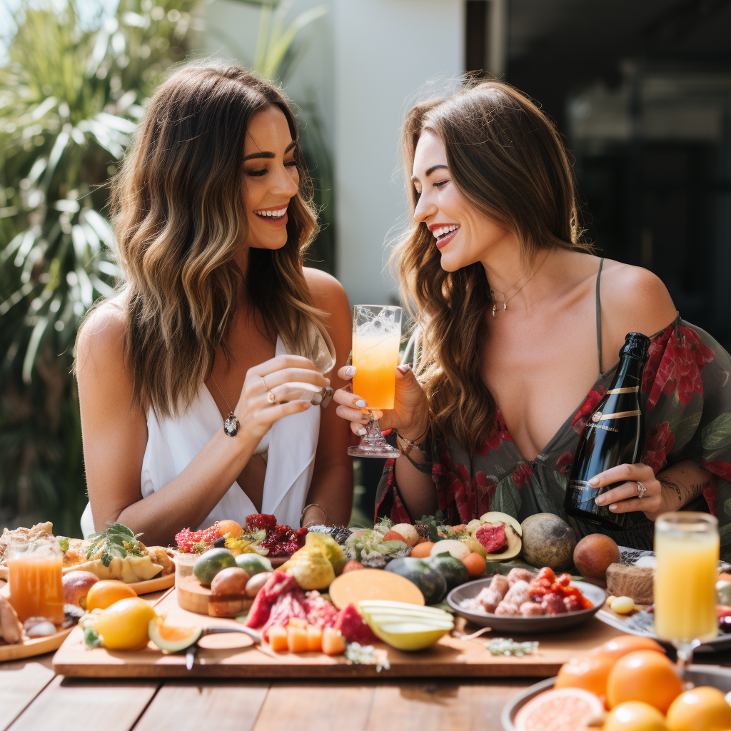 Two women sharing charcuterie board and mimosas