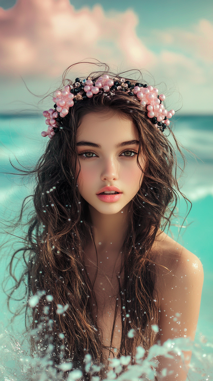 Brunette girl with diadem by ocean