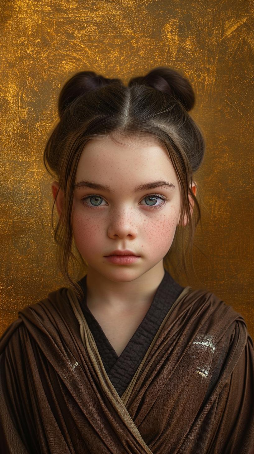 6 year old brunette girl in Jedi clothes