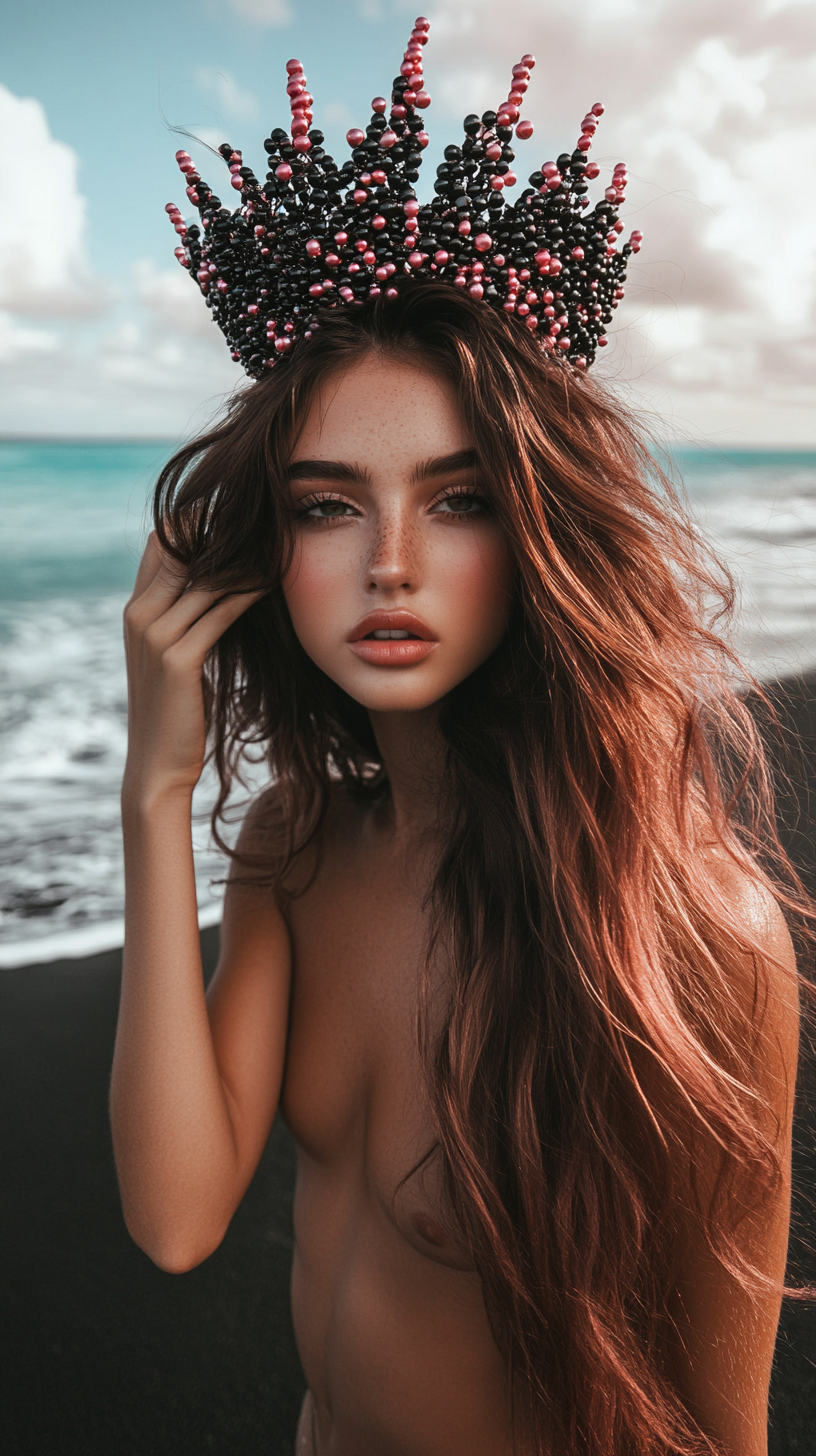 girl with long wavy hair on black sand