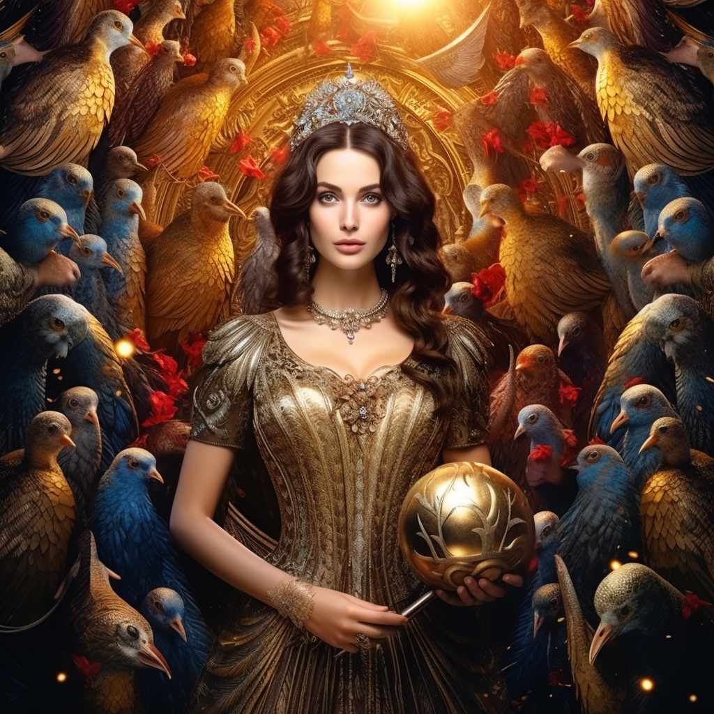 Scepter-wielding brunette goddess with peacocks and orbs