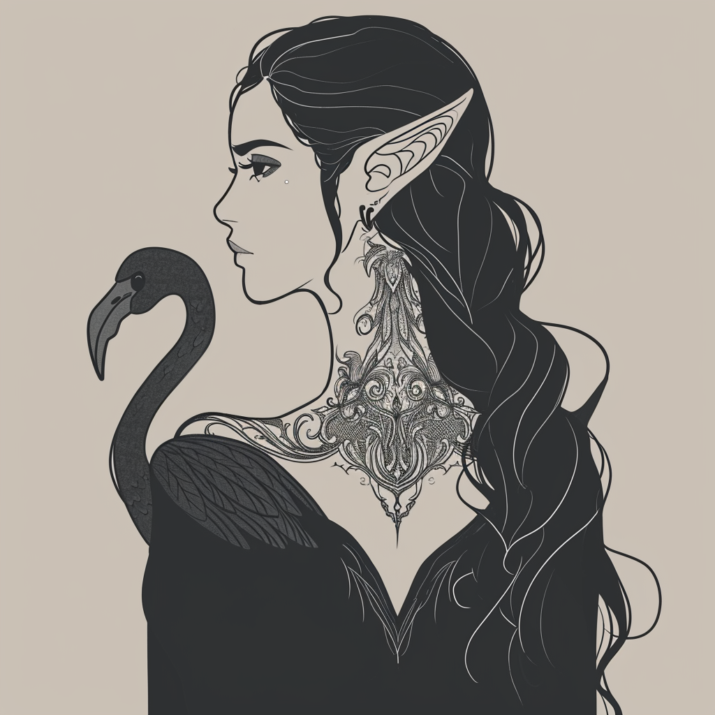 brunette half elf with flamingo tattoo