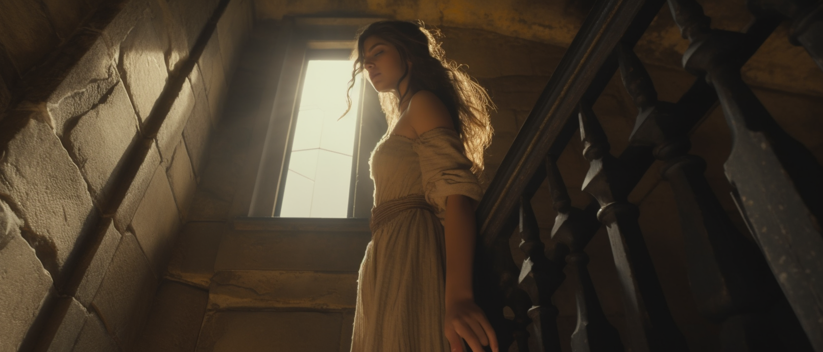 Brunette princess holding a knife and looking up