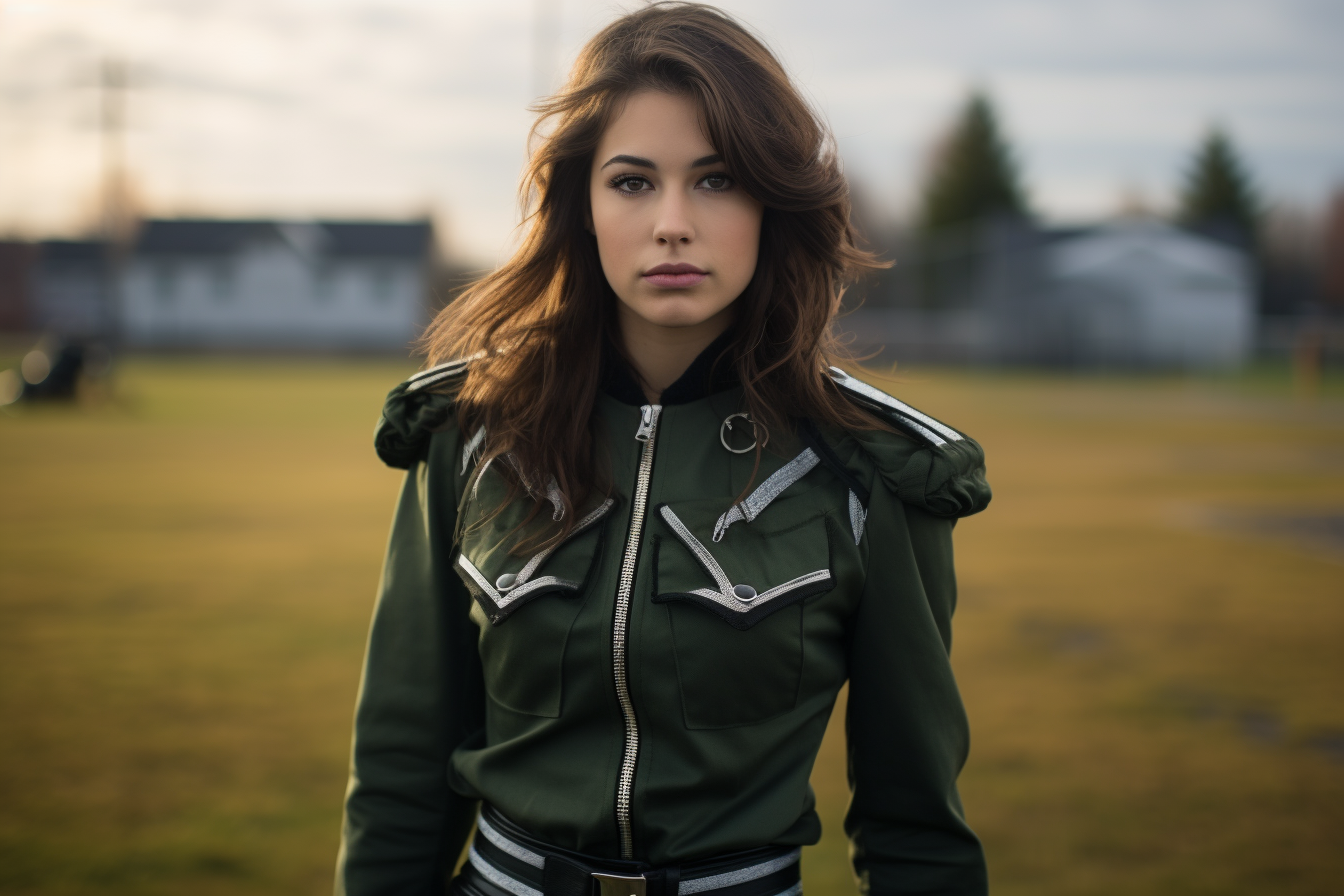 Young woman in band uniform playing trumpet