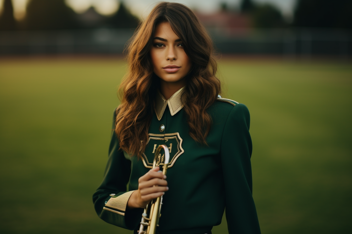 Young woman playing trumpet in band uniform