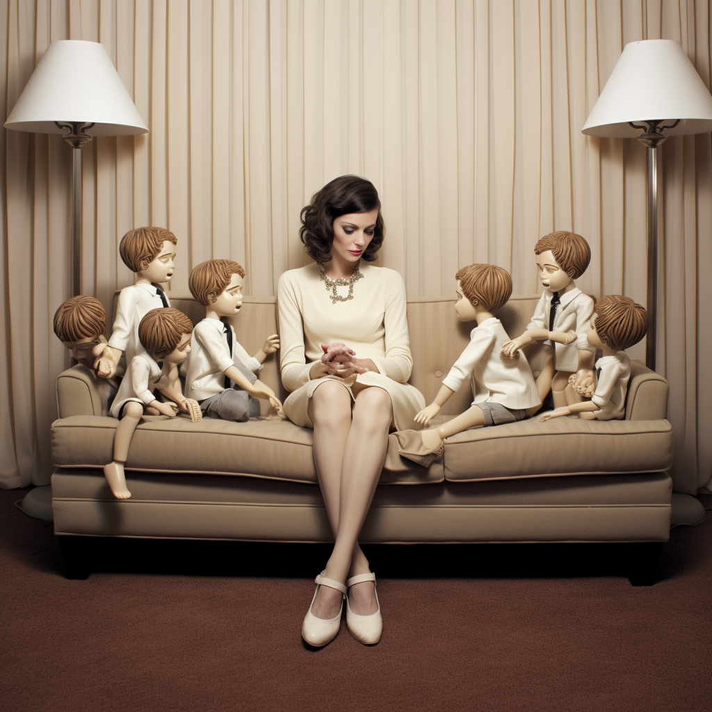 Brunette woman sitting on beige couch with child mannequins