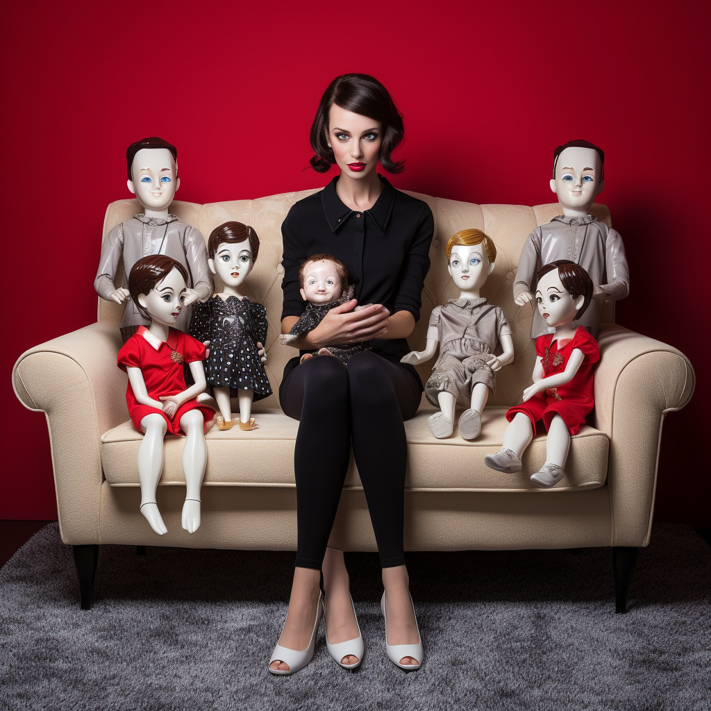 Brunette woman on beige couch with child mannequins